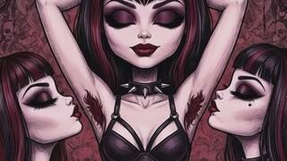 sexy model animated babe with bushy hairy armpits has her pits licked and smelled by two kinky lesbian friends