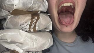 Giant Stuffs Herself with 4 Burgers While Teasing Tinies