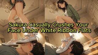 Elegant Ballet Flat Domination - Sakura Casually Crushes Your Face Under White Ribbon Flats