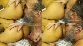 Bi-guy Eating Ass and licking his precum from her asshole while also eating her ass from behind - Jaxson sticking his tongue in her asshole licking it until his cock is dripping with precum - He puts his precum on her asshole and he licks her asshole