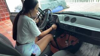 Dalilah is really persistent about starting the car in her flip-flops