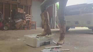 Chrissy crushing printer in brown cowgirl boots