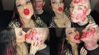Juicy sticky loud aggressive kisses all over a guy's face with red lipstick