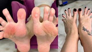 Long toes spreading, toe spread close ups in two different angles, bare feet with black toenails polish