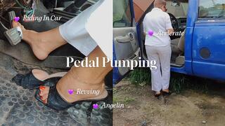 Woman in stiletto heels pumps pedals of 4X4 ??pickup truck (1)