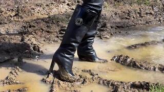 Dior high boots in mud, boots in mud and swamp, high heels boots in mud, wet Dior boots, Dior high heels in mud, boots in mud, wet boots, knee high high heels boots in mud