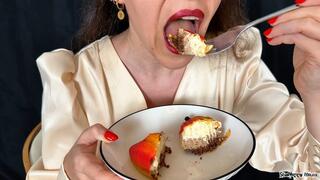 Red Lipstick Dessert Eating Mouth Close up