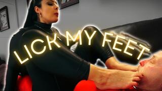 Foot Worship on human furniture, Matriarch Ezada Sinn’s bound chattel under Her soles