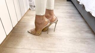 White jumpsuit over a naked body with transparent high heeled shoes 4K full video 12 min