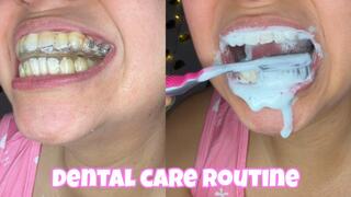 Dental care: brushing teeth, showing braces and bite plates