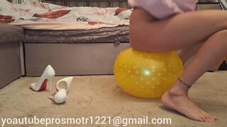 Nastya, in panties and barefoot, jumps on an inflatable fitness ball and tramples it. foot fetish crush fetish bare feet inflatable 3rd angle