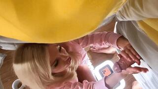 Her Tent - Hot real college girl makes a guy cum in a glory hole style tent by using different oil and cremes on balls and dick