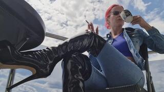 Chain Smoking on the Balcony in Jeans & Leather Boots – Coffee Addiction Morning