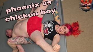 Mixed wrestling match with chicken boy
