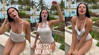 Milking & Getting Messy in See-Through Bodysuit Outdoor