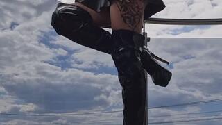 Chain Smoking Addiction on the Balcony – Leather Skirt & Boots Control You Can’t Resist