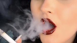 Glossy Red Lips & 3 Cigarettes Slow Chain Smoking Close Up