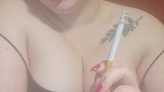 BBW Goth Girl lets her hair down while Smoking