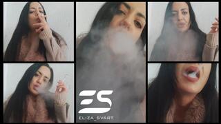 Cloudy morning outdoor smoke in a fur coat