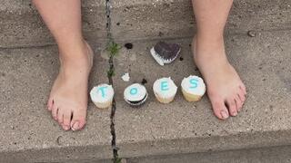 Plump n bratty celebrating foot month by smashing some cupcakes with her big feet outside on the concrete