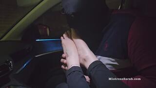 Public Parking Foot Domination: Muscular Foot Slave Worships Mistress's Designer Feet in Cramped Car