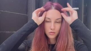 Long hair, smoking outdoor and flashing my big juicy boobs ...