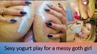 Sexy, messy SLOSHING with yogurt for goth girl on live cams - Ahegao, titty play, BJ, dildo riding