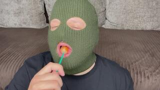 Bob sucks a sweet lollipop
