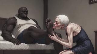 90 Year Old Granny Slave Licking Giant Black Man Feet - Wet Pussy Pleasure