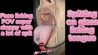 Sloppy face licking POV with a lot of spit and drool hard tongue pushing close up