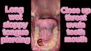 Extream close up to Mila's sexy mouth long tongue with piercing throat and uvula