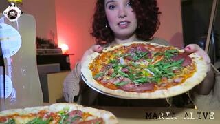 Maria Alive - Small chubby girl eating 2 large Pizzas - BLOATED BELLY