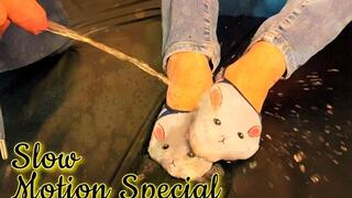 He piss on her feet in small cute colorful ballerina socks (silent slow motion special)