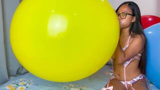 Sexy Schoolgirl Camylle Blows To Pop Your Huge Yellow Belbal 24 Inch Balloon