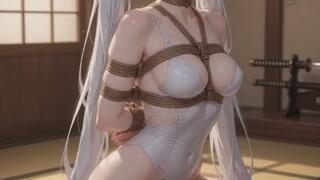 Embarrassed Silver-Haired Girl Tied in Bodysuit - Slowly Stripped