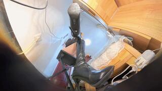 6K CC knee-length boots in POV style trample on a human-shaped carpet in 360-degree VR