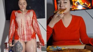 stomach full of pizza and milk + vomit all over my clothes