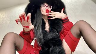 RED long nails, claws and FUR, red underwear, stockings with suspenders (2688x1512)