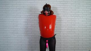 Beautiful Sonya tries on new outfits and accessories an inflatable red top a vibrator a collar and a gag
