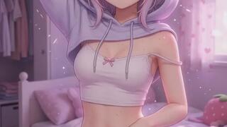 Cute Lavender-Haired Girl Strips Hoodie and Skirt in Pink Bedroom