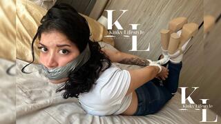 Simona Hogtied in White Socks & Tan Heels (Rope, Tight Jeans, White T shirt, Duct Tape WrapGag)