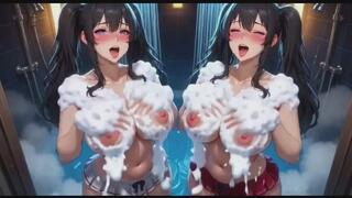 Cute anime girls showering, Ai animation