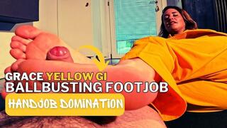 Grace yellow gi POV ballbusting footjob handjob domination