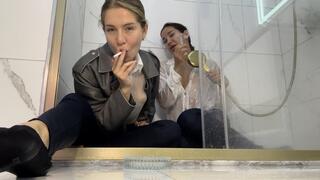 Getting wet and smoking together in the shower! Kiss!
