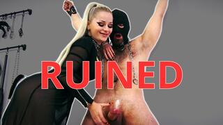 Ruined orgasm and cock whipping: Mistress Sarah Dom punishes Her bound chattel