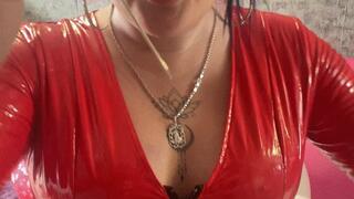 valeri in red latex dress pop balloons with big needle