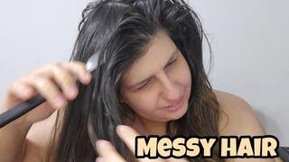 Messy Hair Brushing with Fork - Long Dark Straight Hair Play Chubby