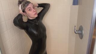 Ziva Fey in soapy showering in spandex catsuit!