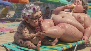 Elderly Granny Passionately Sucking BBW Feet on Public Beach