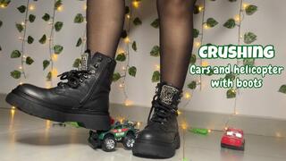 Crushing toy cars and helicopter with boots